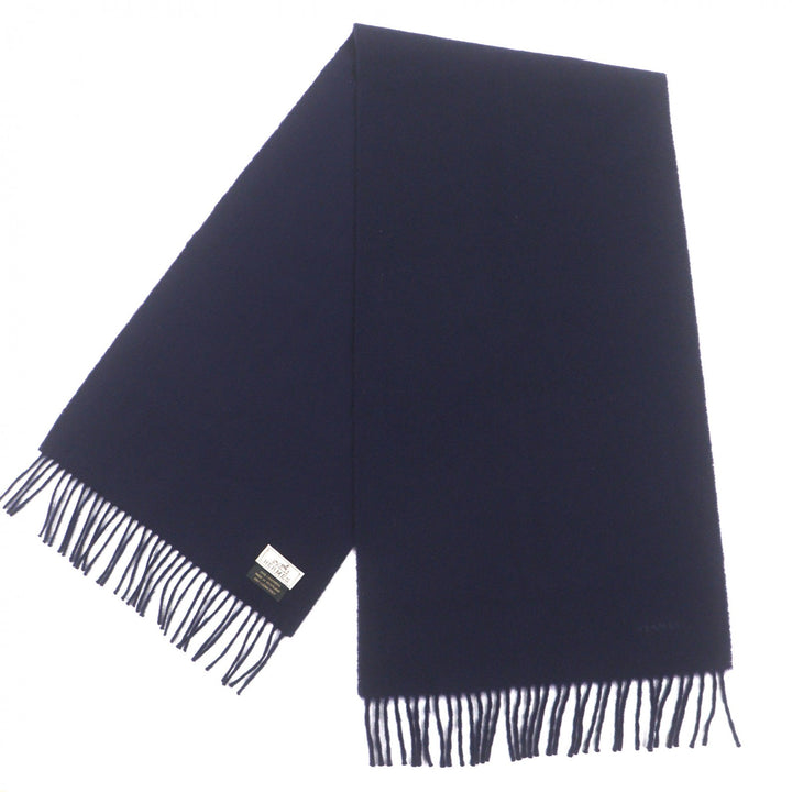 Excellent HERMES Scarf Embroidered logo with fringe Navy cashmere mens
