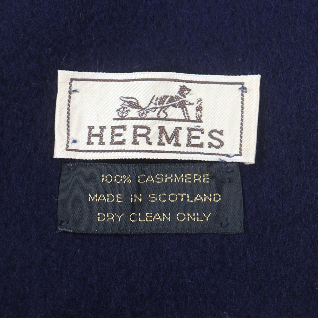 Excellent HERMES Scarf Embroidered logo with fringe Navy cashmere mens