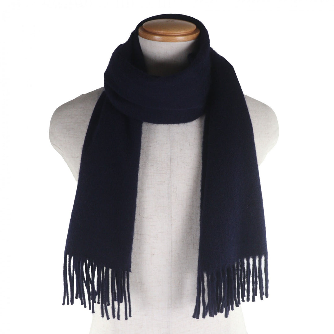 Excellent HERMES Scarf Embroidered logo with fringe Navy cashmere mens