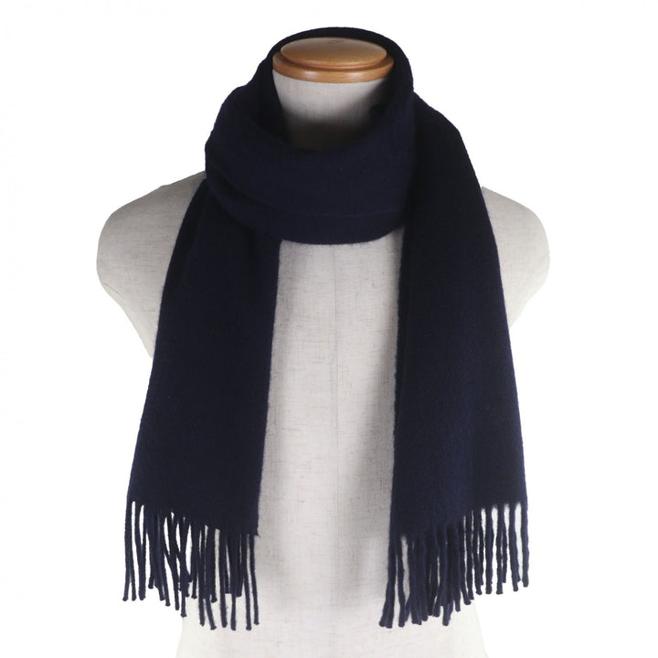 Excellent HERMES Scarf Embroidered logo with fringe Navy cashmere mens