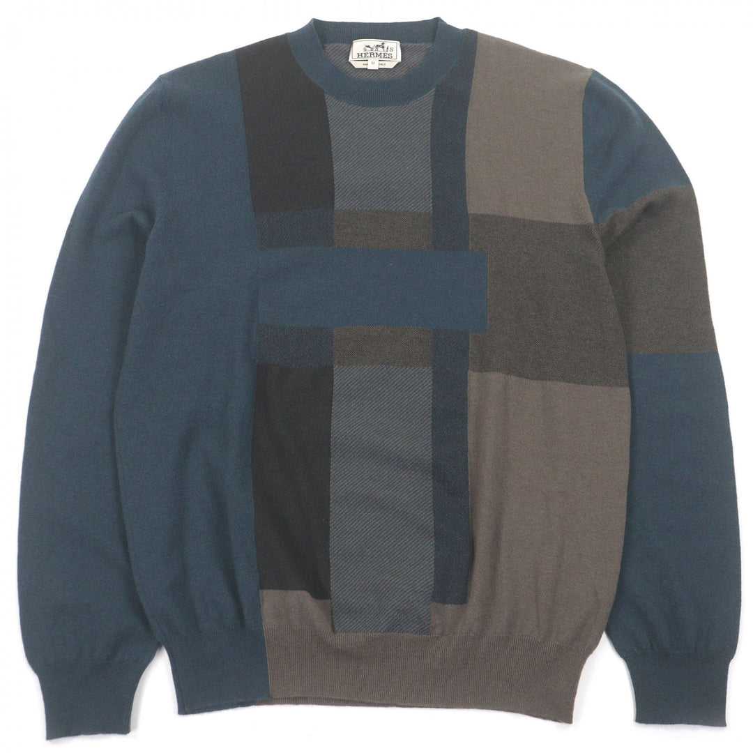 Excellent HERMES knit H logo motif, lightweight, long sleeves blue