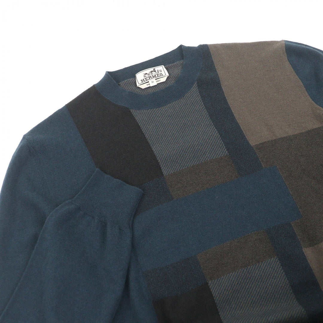 Excellent HERMES knit H logo motif, lightweight, long sleeves blue