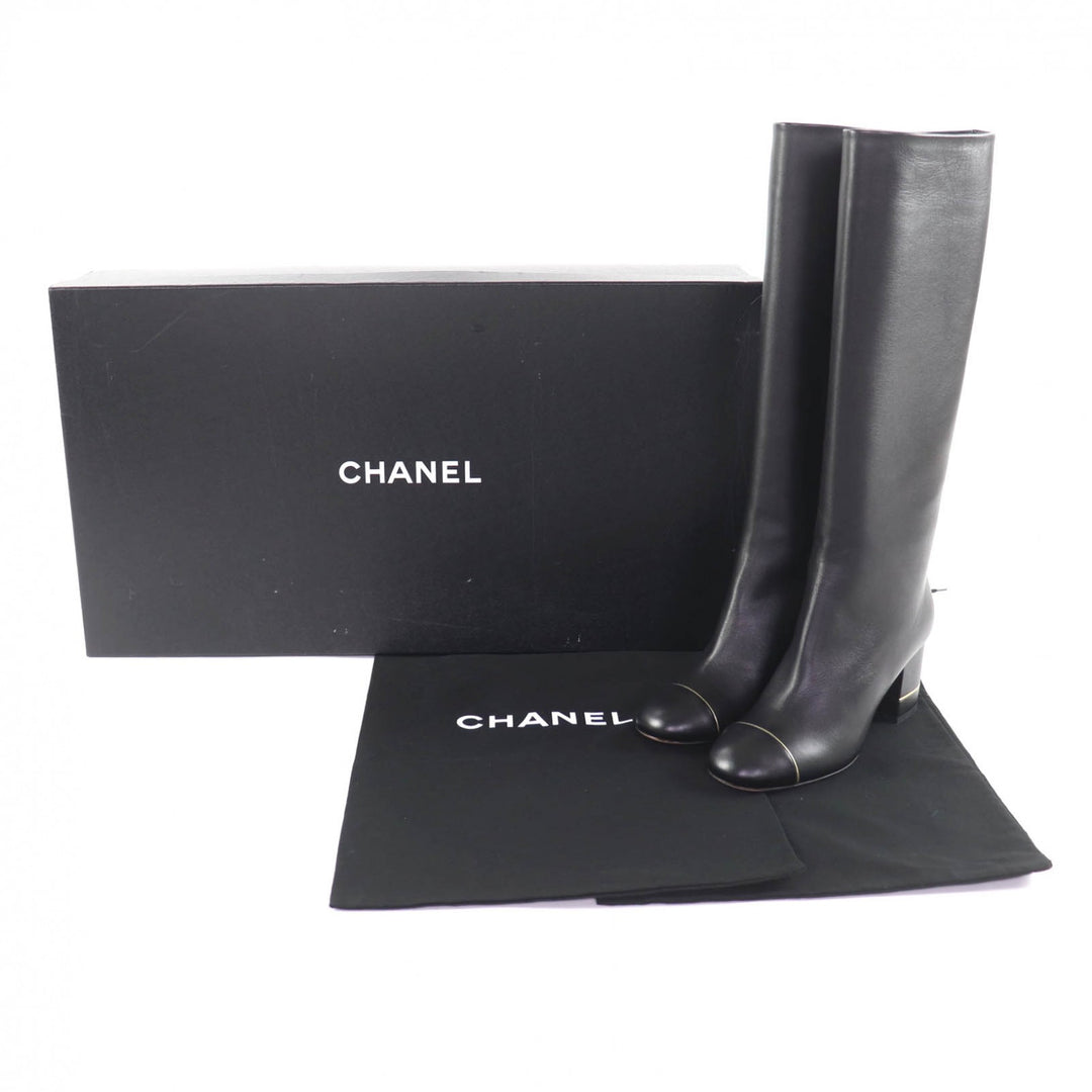 Excellent CHANEL Knee-high boots black leather Women 38 G32122