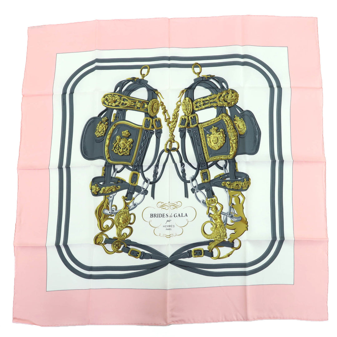 Great HERMES scarf BRIDES de GALA Ceremony Bridle Large format Pink silk Women
