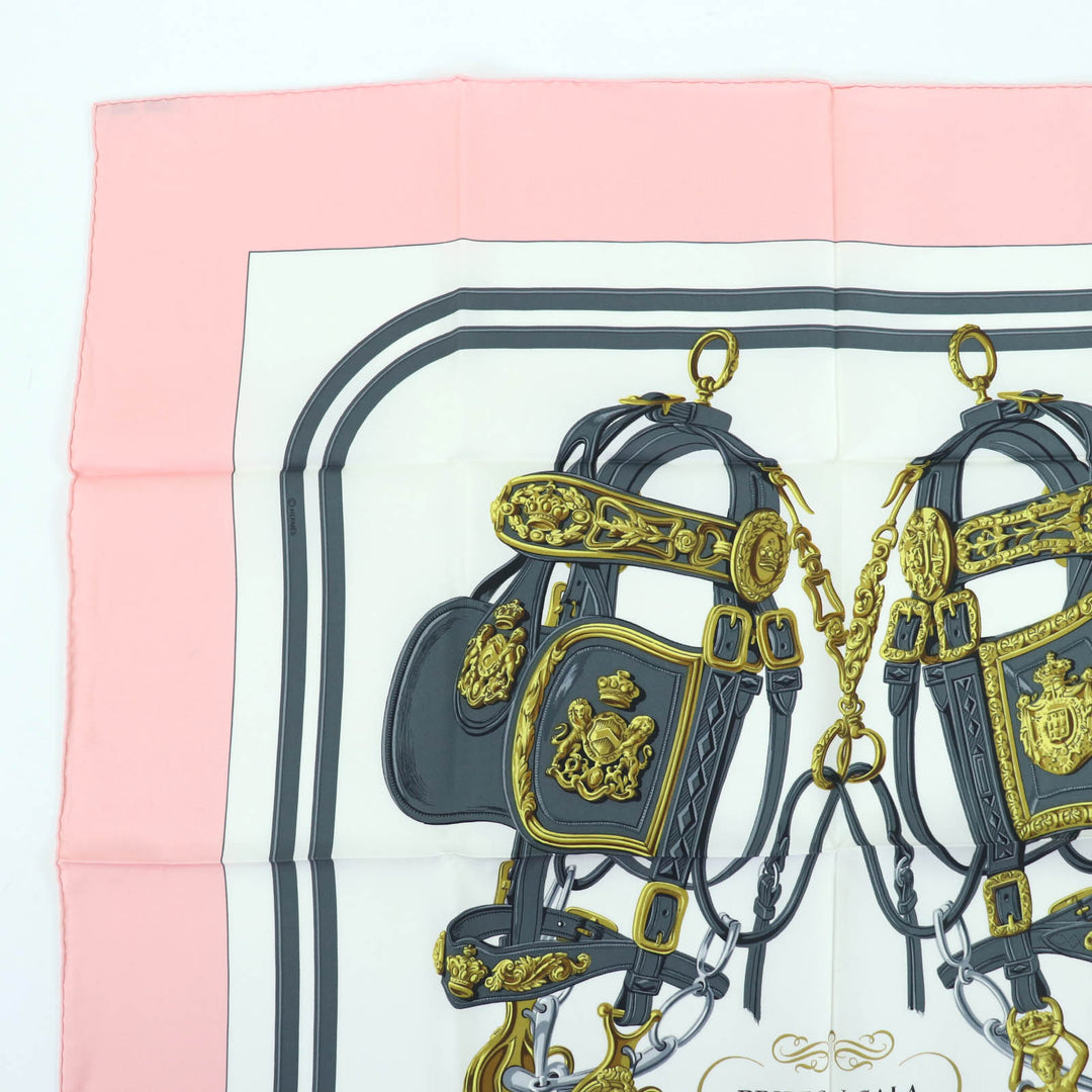 Great HERMES scarf BRIDES de GALA Ceremony Bridle Large format Pink silk Women