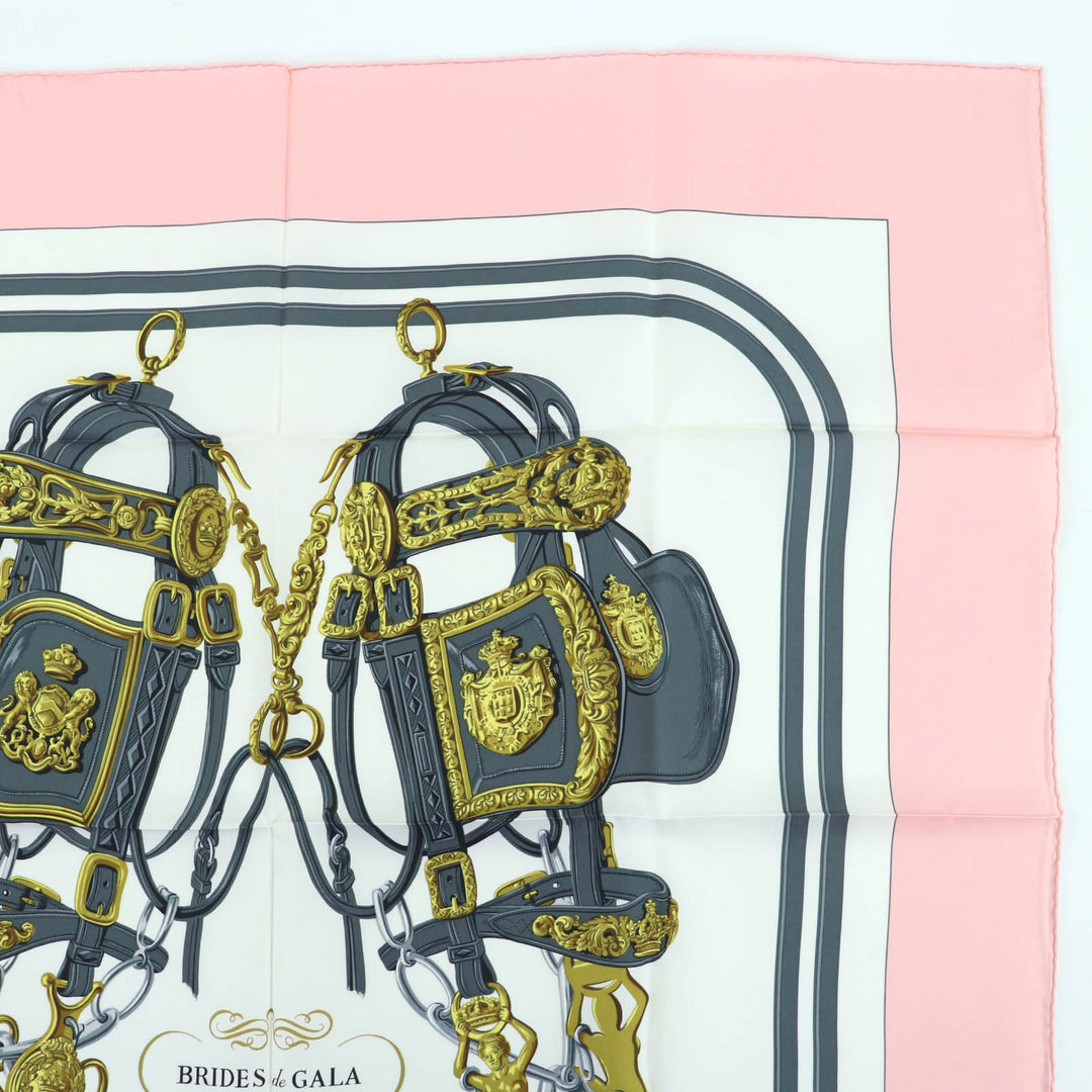 Great HERMES scarf BRIDES de GALA Ceremony Bridle Large format Pink silk Women