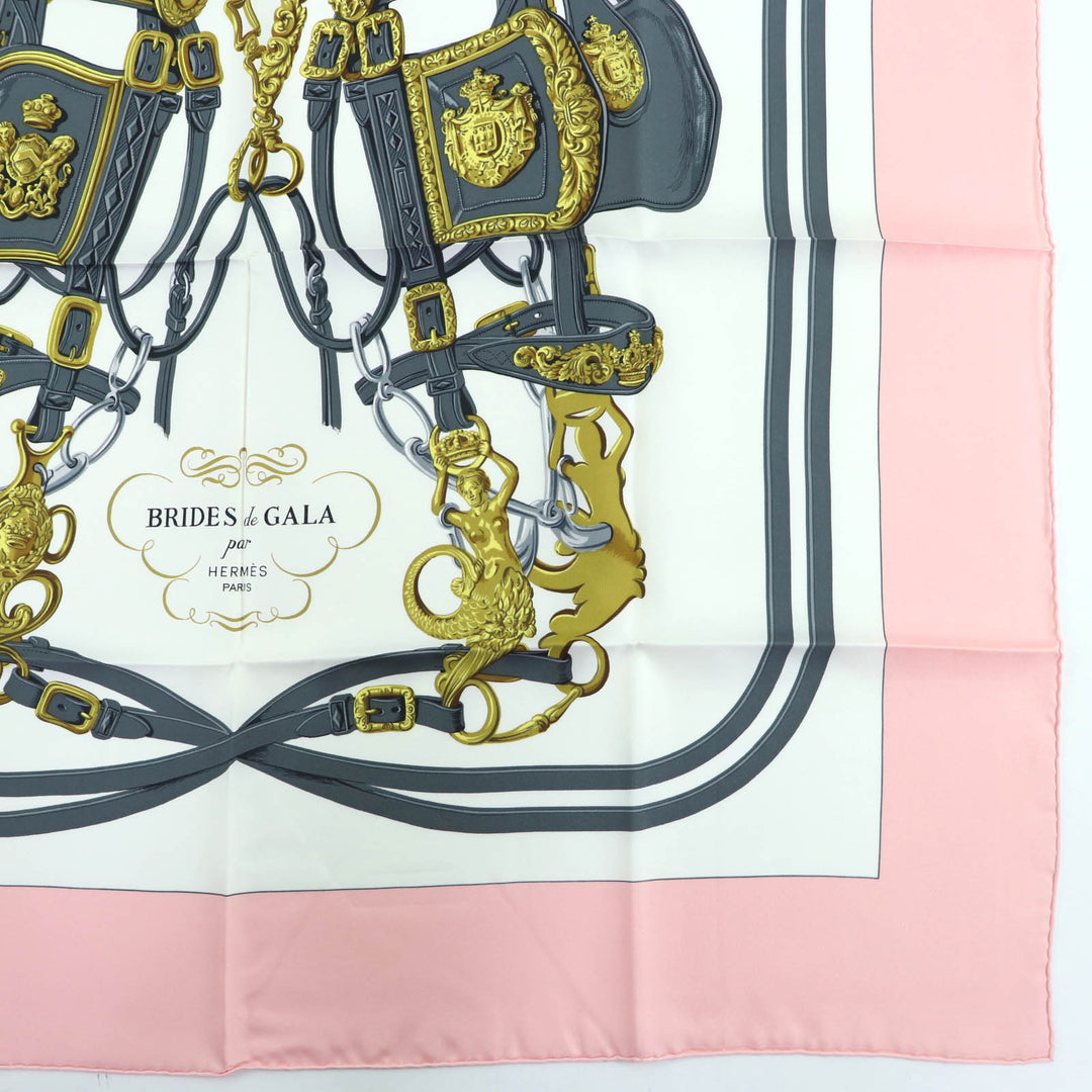 Great HERMES scarf BRIDES de GALA Ceremony Bridle Large format Pink silk Women
