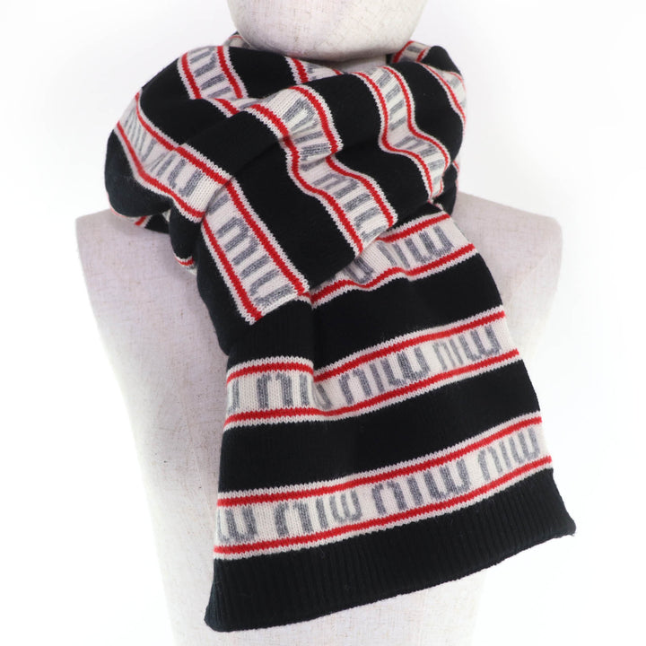 Excellent MIUMIU Scarf logo border Black series Virgin wool Women 0000EF