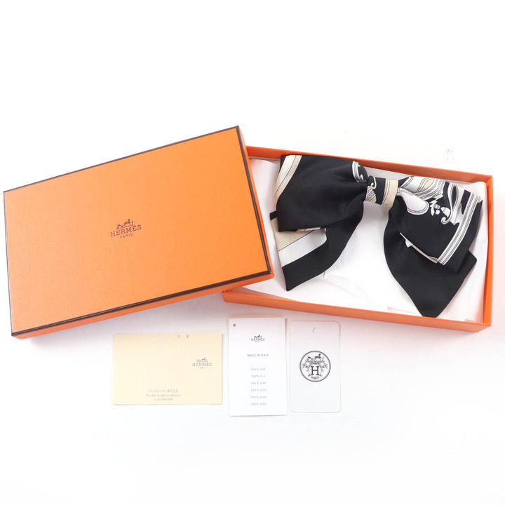 Excellent HERMES Grenelle Exlibris Valletta Ribbon barrette Black series silk