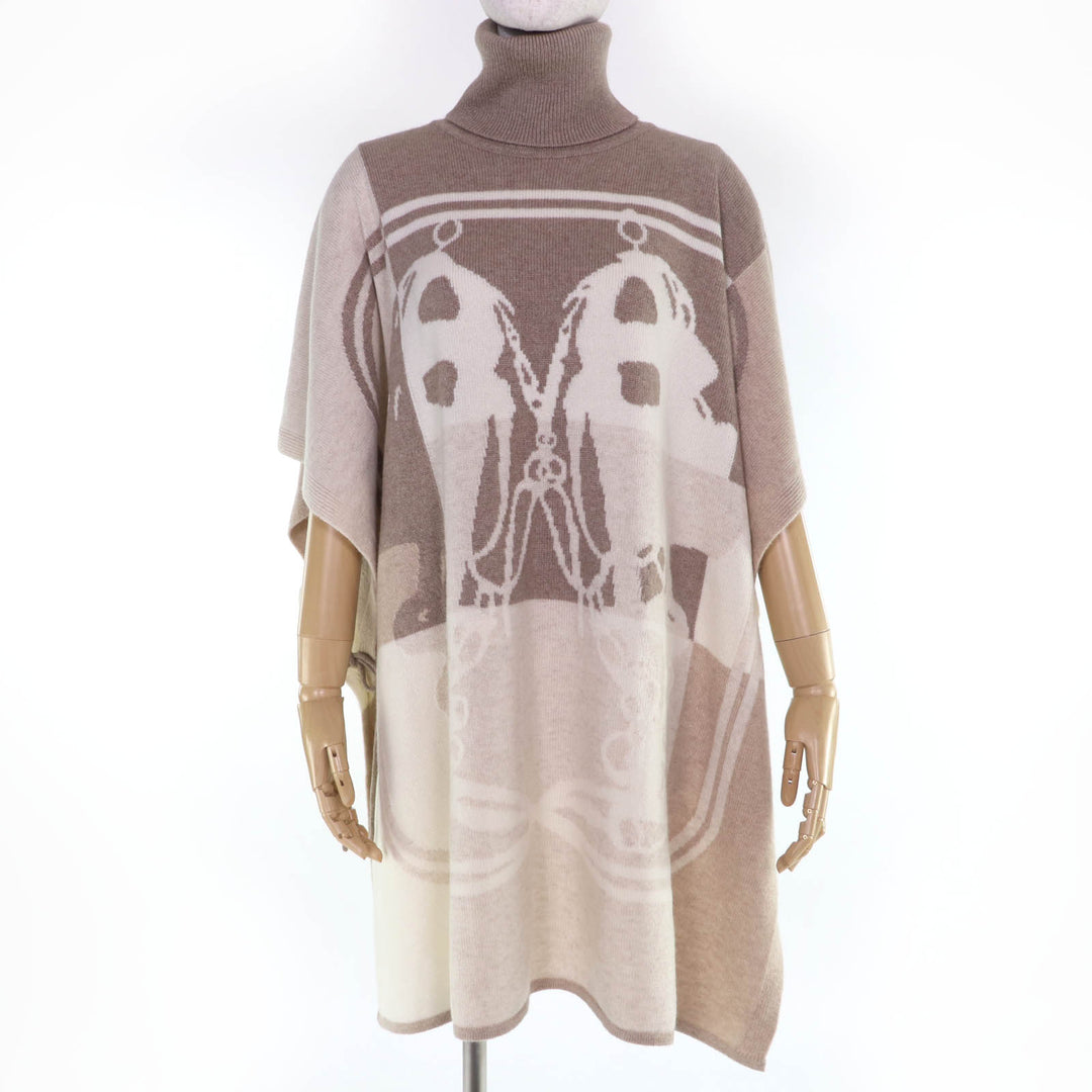Great HERMES poncho BRIDES de GALA Ceremony Bridle High-neck knit beige cashmere