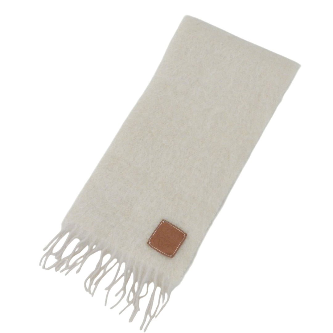 Excellent LOEWE Scarf Anagram leather patch with fringe white mohair Women