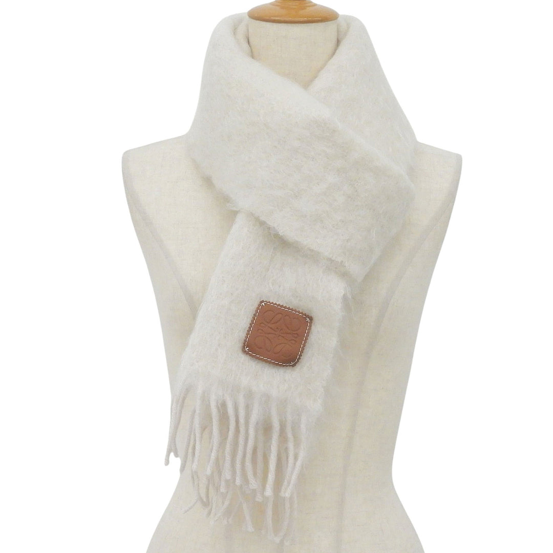 Excellent LOEWE Scarf Anagram leather patch with fringe white mohair Women