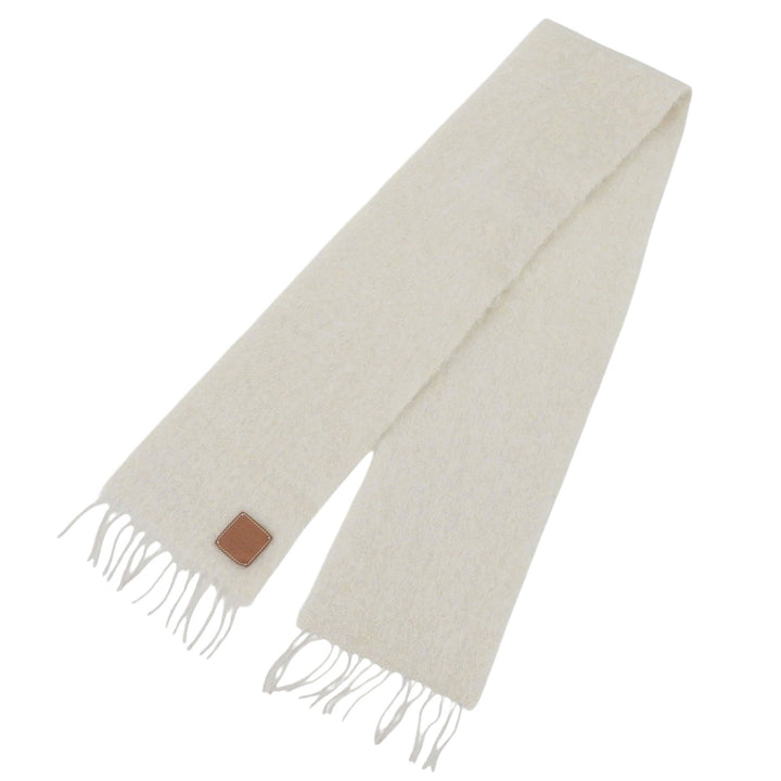 Excellent LOEWE Scarf Anagram leather patch with fringe white mohair Women