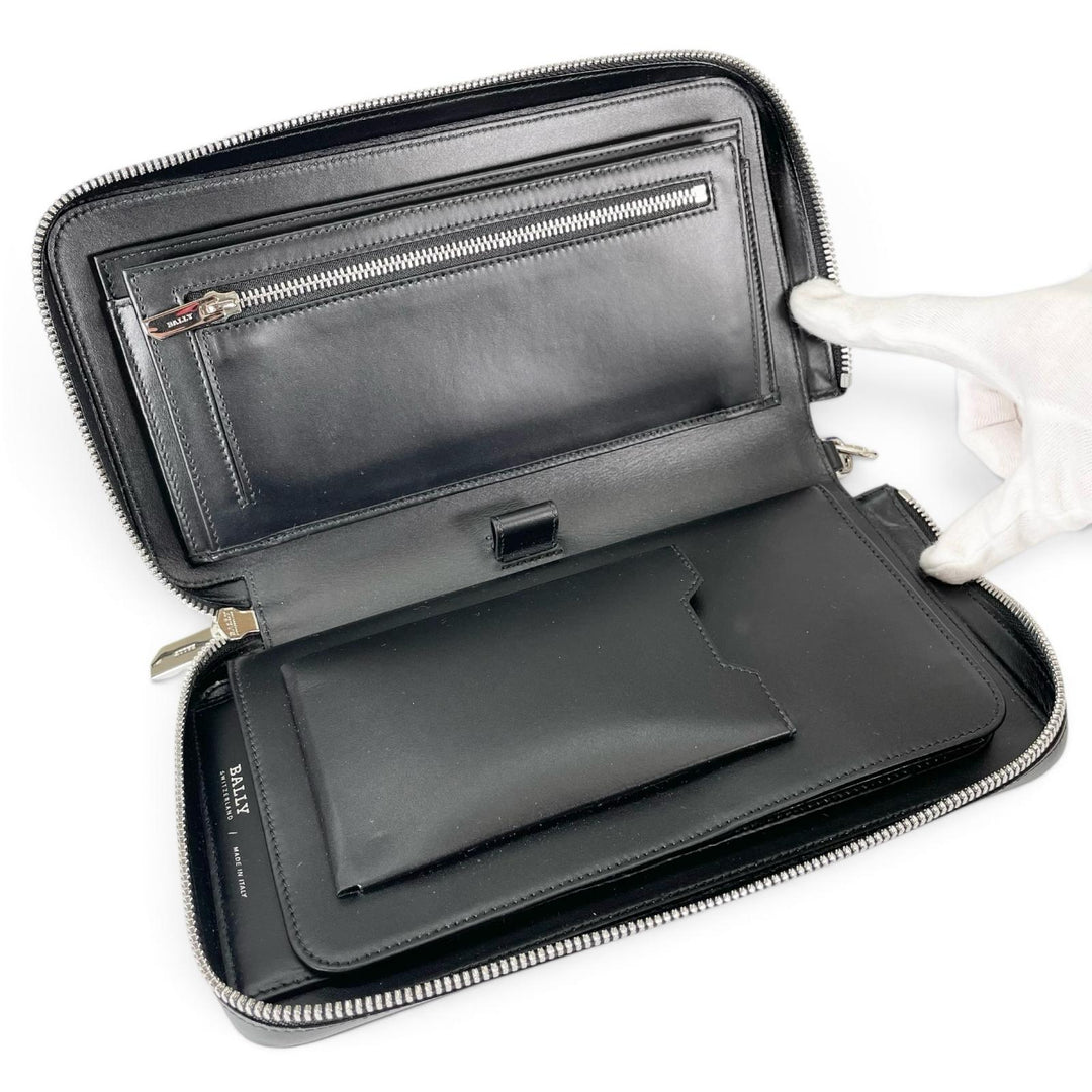 Pristine BALLY Purse NYONS Zip Around Organizer black Calf leather mens