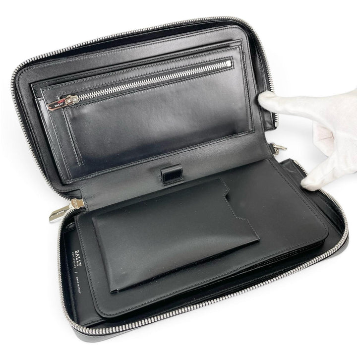 Pristine BALLY Purse NYONS Zip Around Organizer black Calf leather mens
