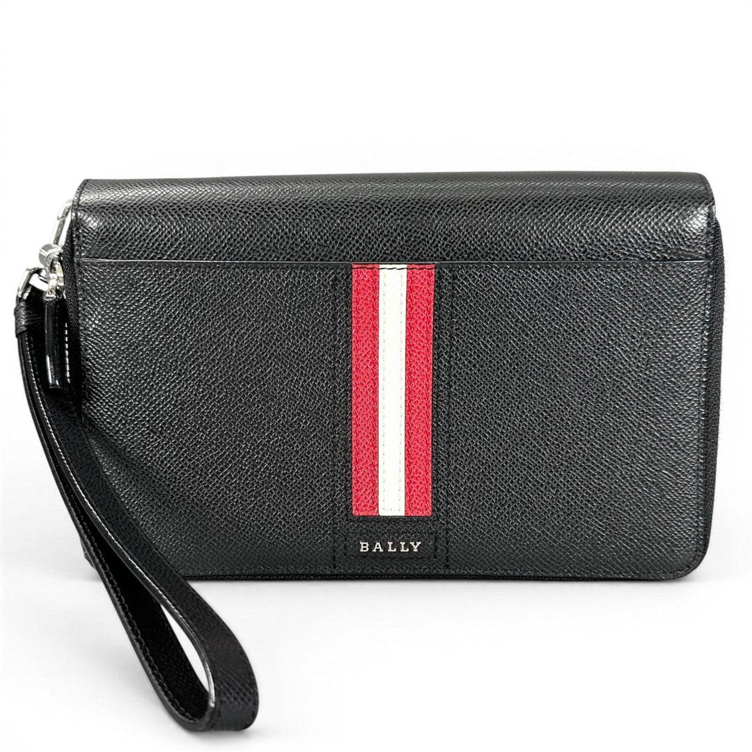 Excellent BALLY Clutch bag Striped Double Zipper Organizer Travel Wallet black