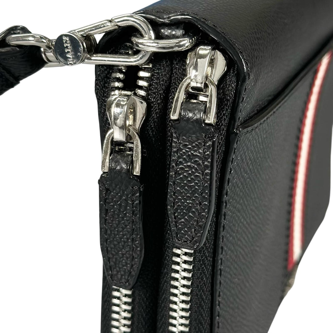 Excellent BALLY Clutch bag Striped Double Zipper Organizer Travel Wallet black