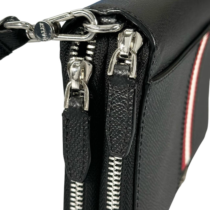 Excellent BALLY Clutch bag Striped Double Zipper Organizer Travel Wallet black