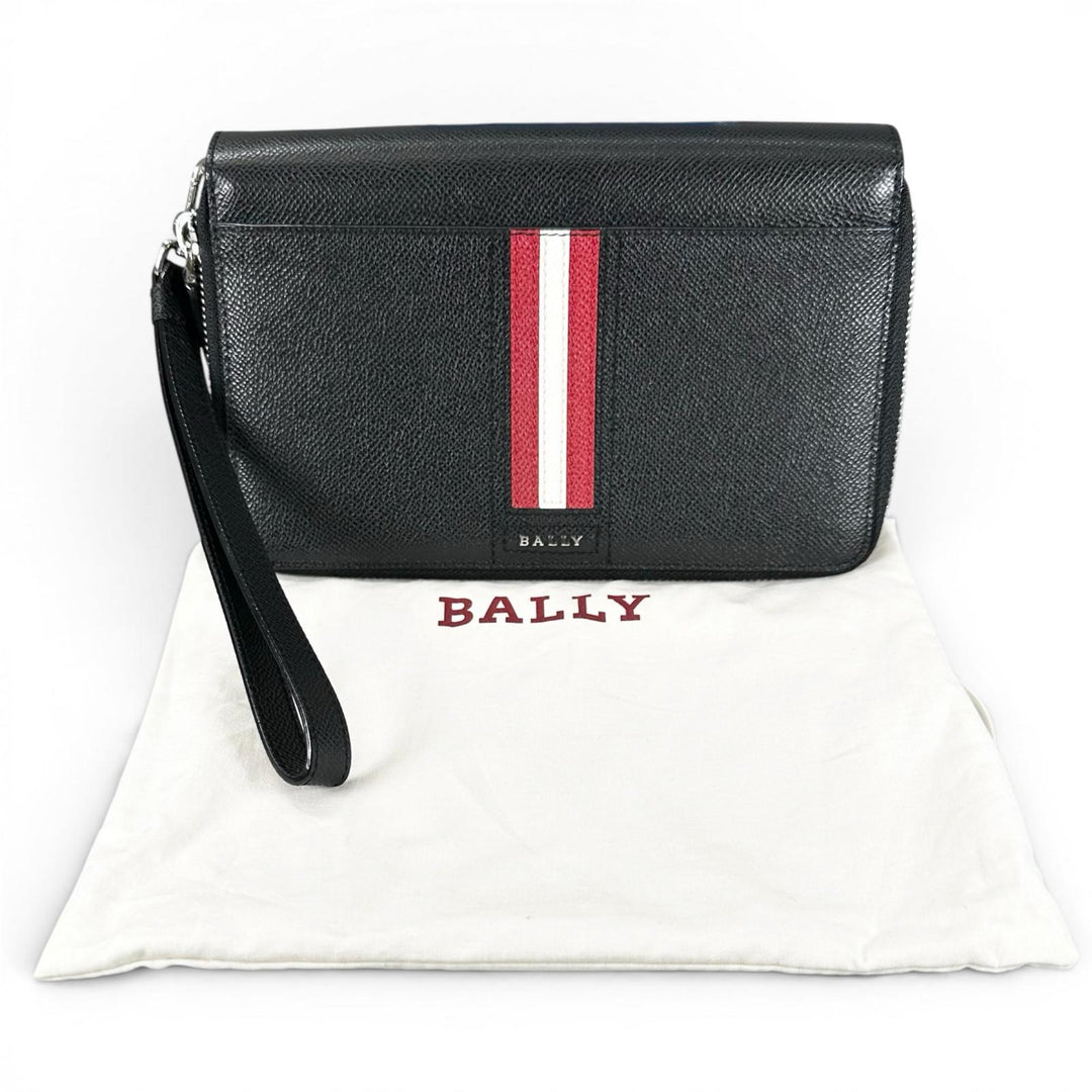 Excellent BALLY Clutch bag Striped Double Zipper Organizer Travel Wallet black