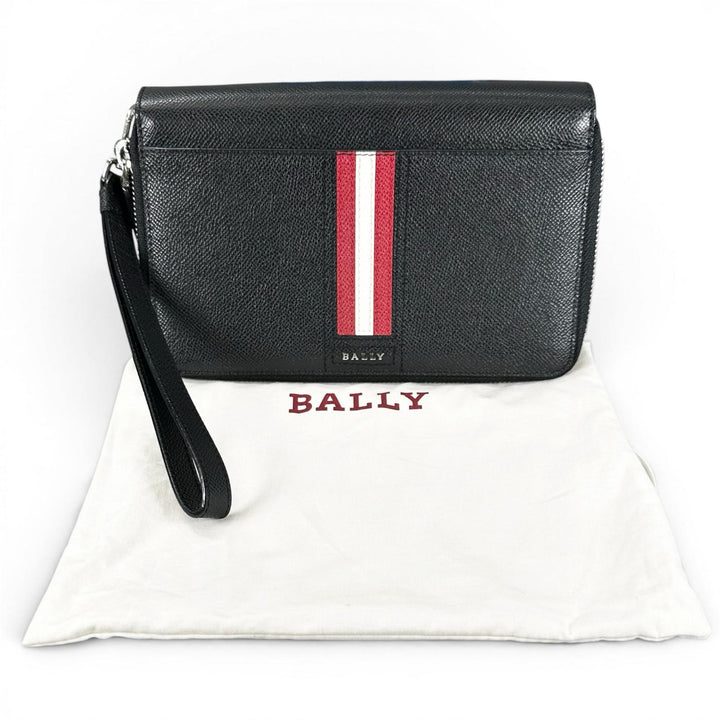 Excellent BALLY Clutch bag Striped Double Zipper Organizer Travel Wallet black