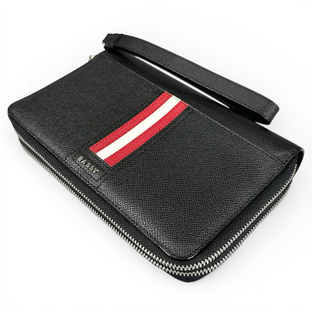 Excellent BALLY Clutch bag Striped Double Zipper Organizer Travel Wallet black