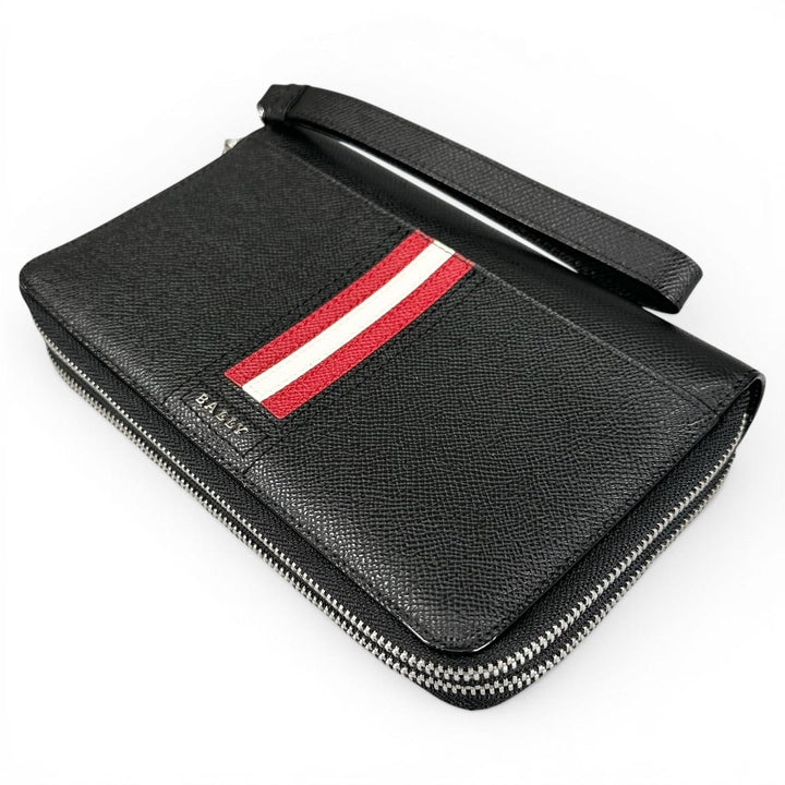 Excellent BALLY Clutch bag Striped Double Zipper Organizer Travel Wallet black