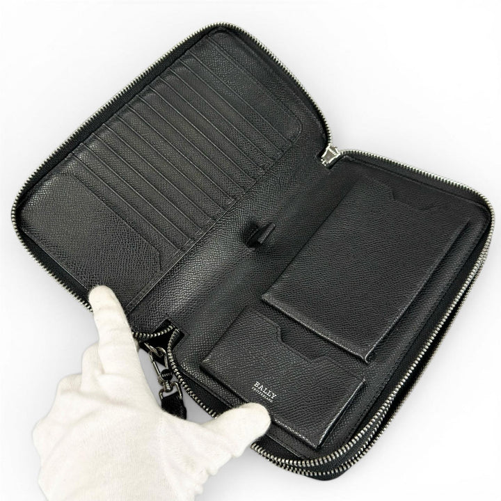Excellent BALLY Clutch bag Striped Double Zipper Organizer Travel Wallet black