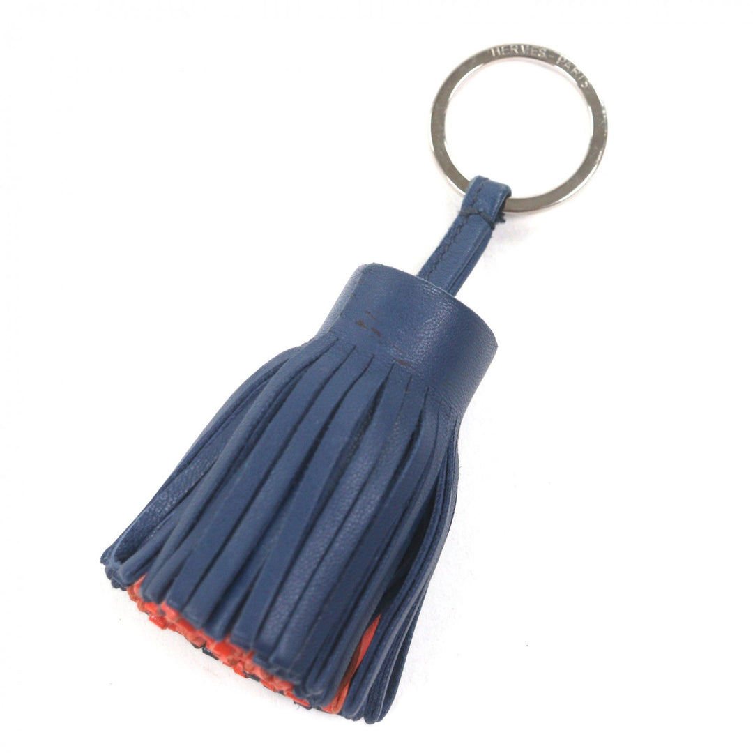Discounted Very Good HERMES Bag charm Carmen Fringe Keychain Navy leather mens