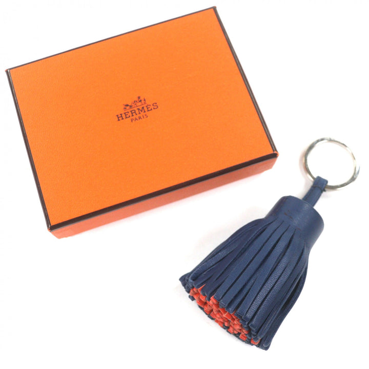Discounted Very Good HERMES Bag charm Carmen Fringe Keychain Navy leather mens