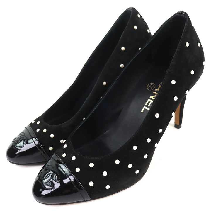 Great CHANEL pumps COCO Mark Faux Pearl Patent Leather Suede black 36 G33423