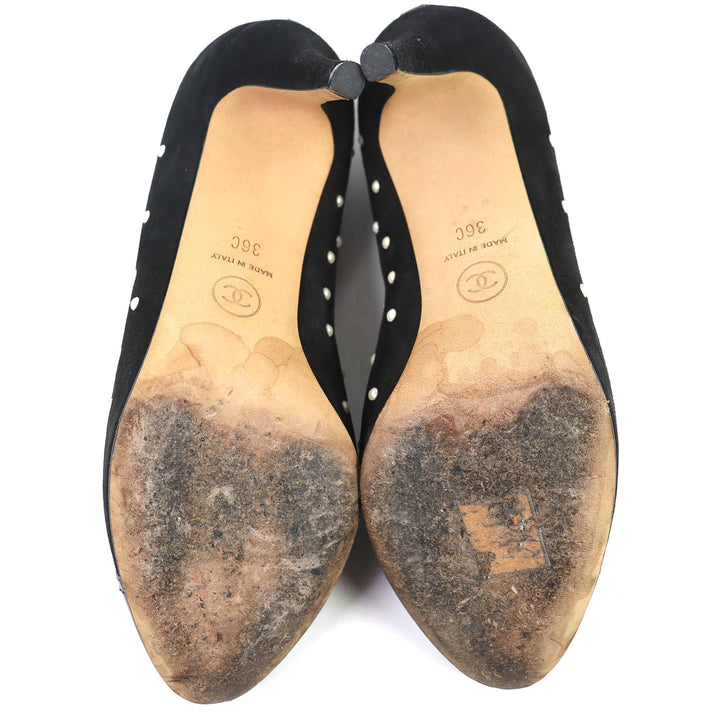 Great CHANEL pumps COCO Mark Faux Pearl Patent Leather Suede black 36 G33423