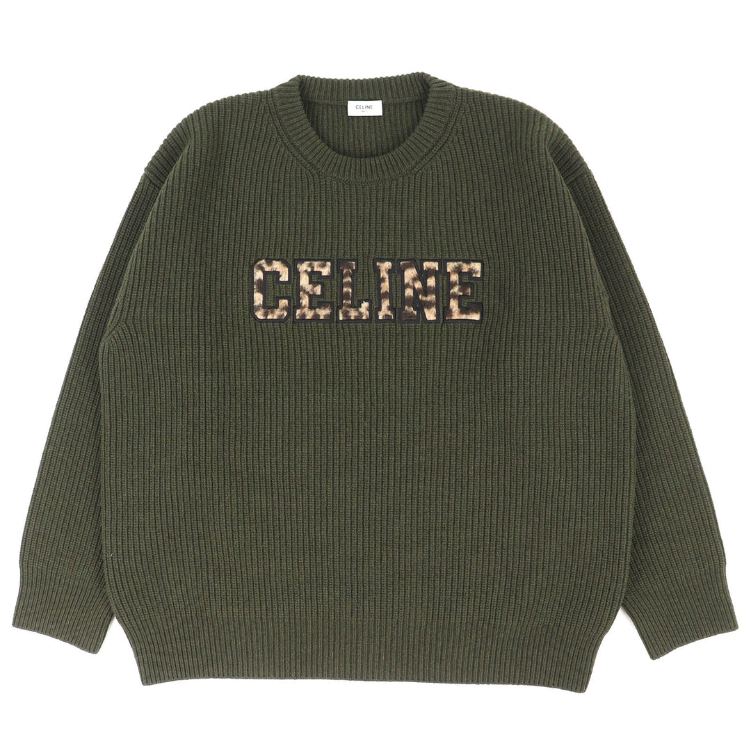 Great CELINE knit Leopard print front logo crew neck oversized khaki S 2AB97650S