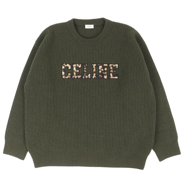 Great CELINE knit Leopard print front logo crew neck oversized khaki S 2AB97650S