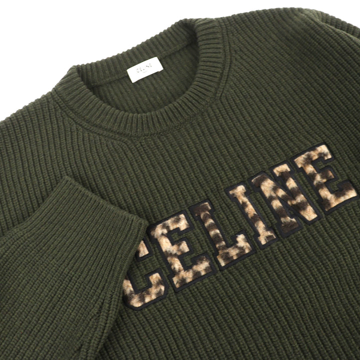 Great CELINE knit Leopard print front logo crew neck oversized khaki S 2AB97650S