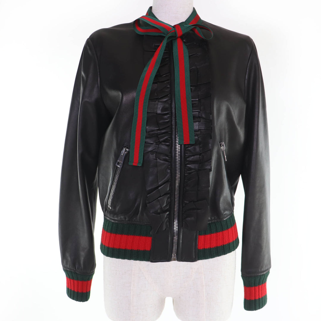 Great GUCCI leather jacket Sherry Line Ribbon Front Frill Bomber Women 42 458155