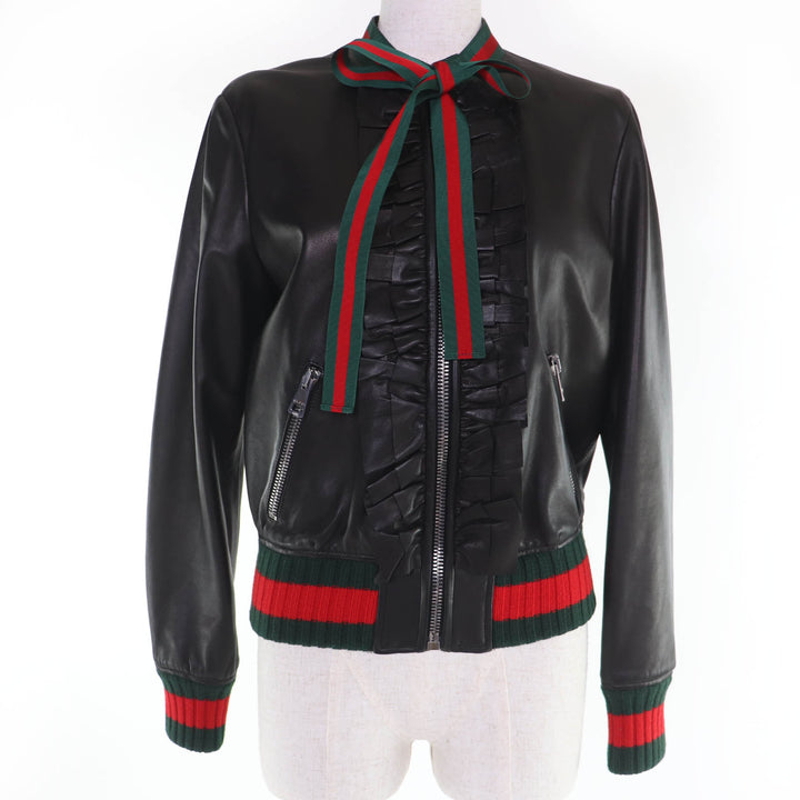 Great GUCCI leather jacket Sherry Line Ribbon Front Frill Bomber Women 42 458155