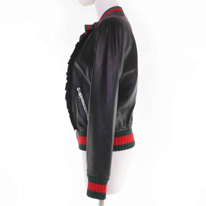 Great GUCCI leather jacket Sherry Line Ribbon Front Frill Bomber Women 42 458155