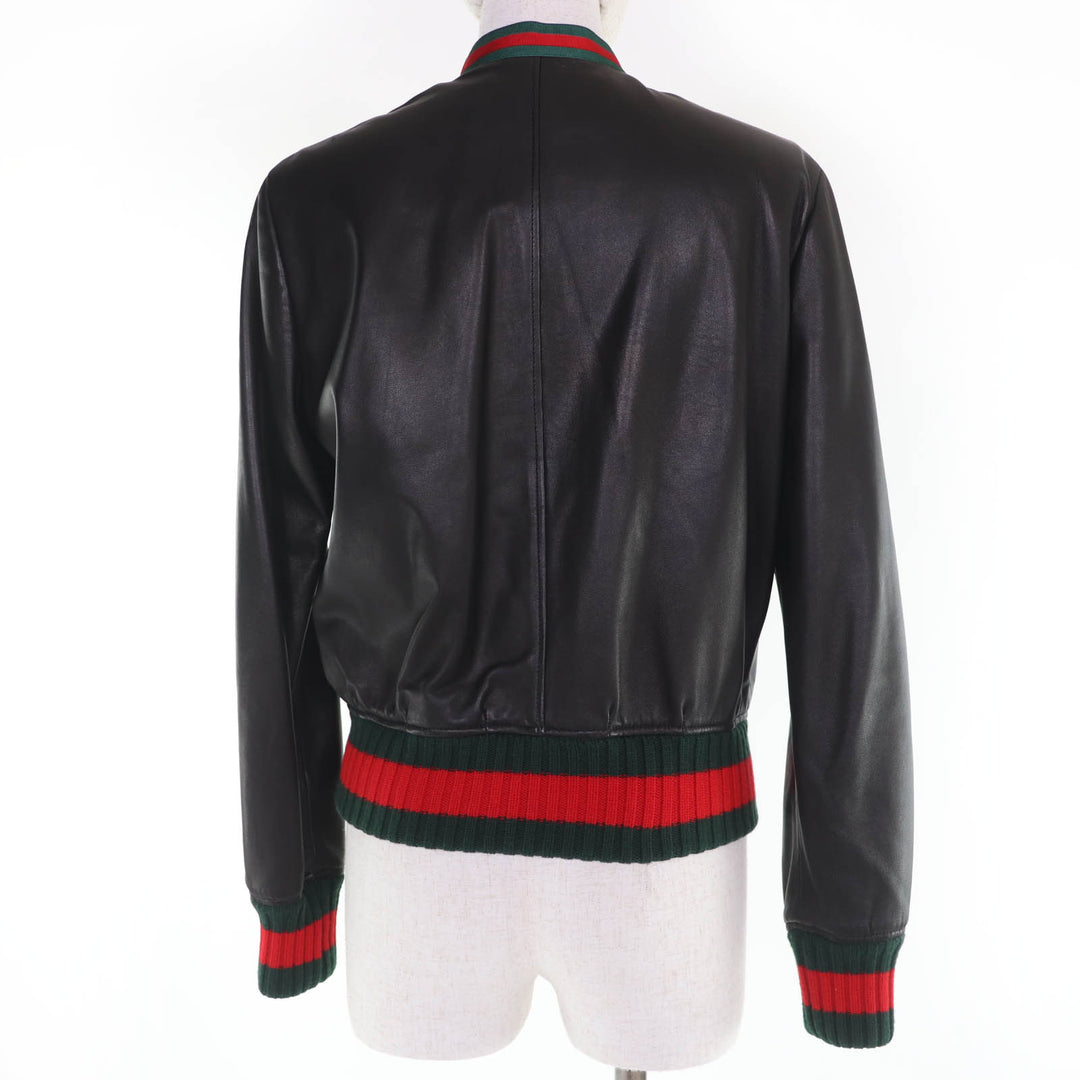 Great GUCCI leather jacket Sherry Line Ribbon Front Frill Bomber Women 42 458155