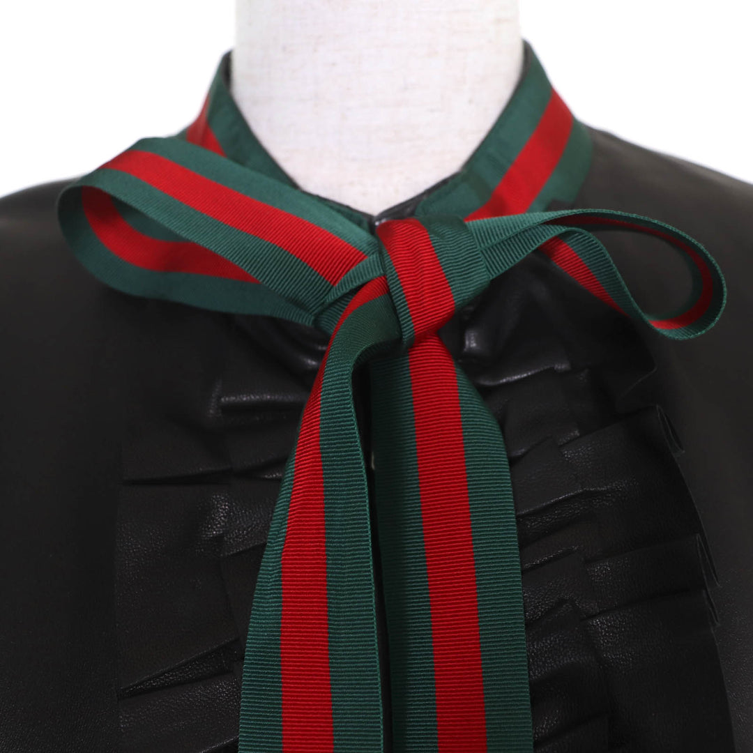 Great GUCCI leather jacket Sherry Line Ribbon Front Frill Bomber Women 42 458155