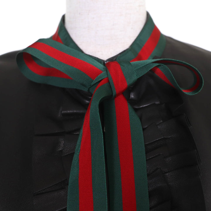 Great GUCCI leather jacket Sherry Line Ribbon Front Frill Bomber Women 42 458155