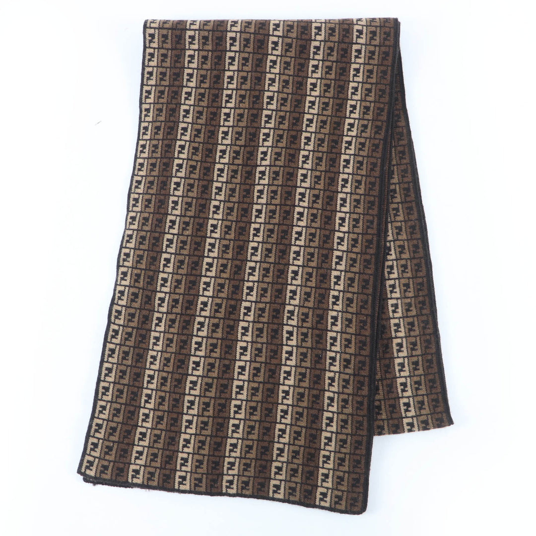 Great FENDI Scarf FF Logo Micro Zucca Pattern Knit Brown wool Women