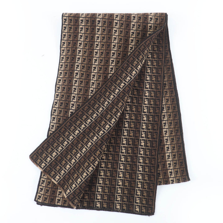 Great FENDI Scarf FF Logo Micro Zucca Pattern Knit Brown wool Women