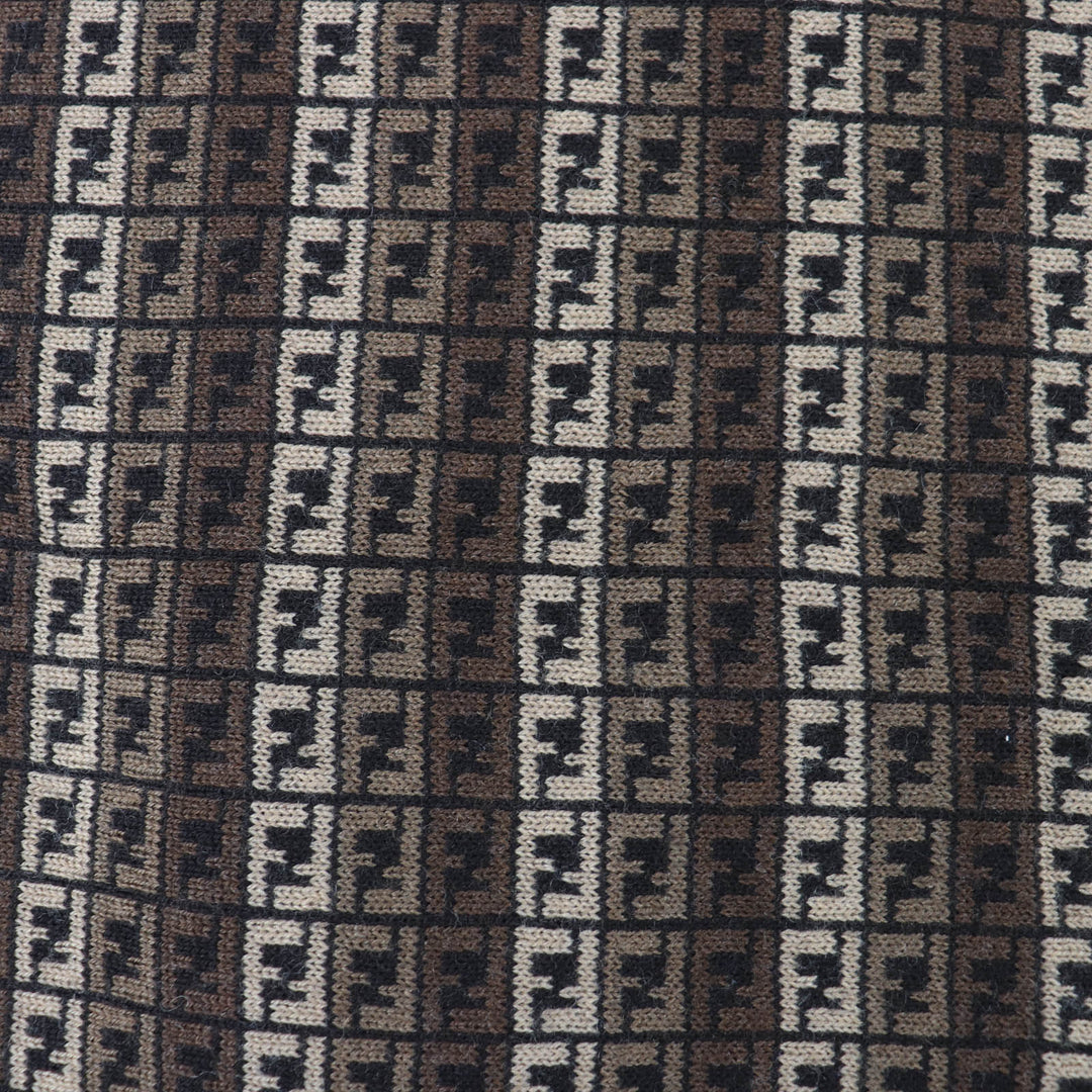 Great FENDI Scarf FF Logo Micro Zucca Pattern Knit Brown wool Women