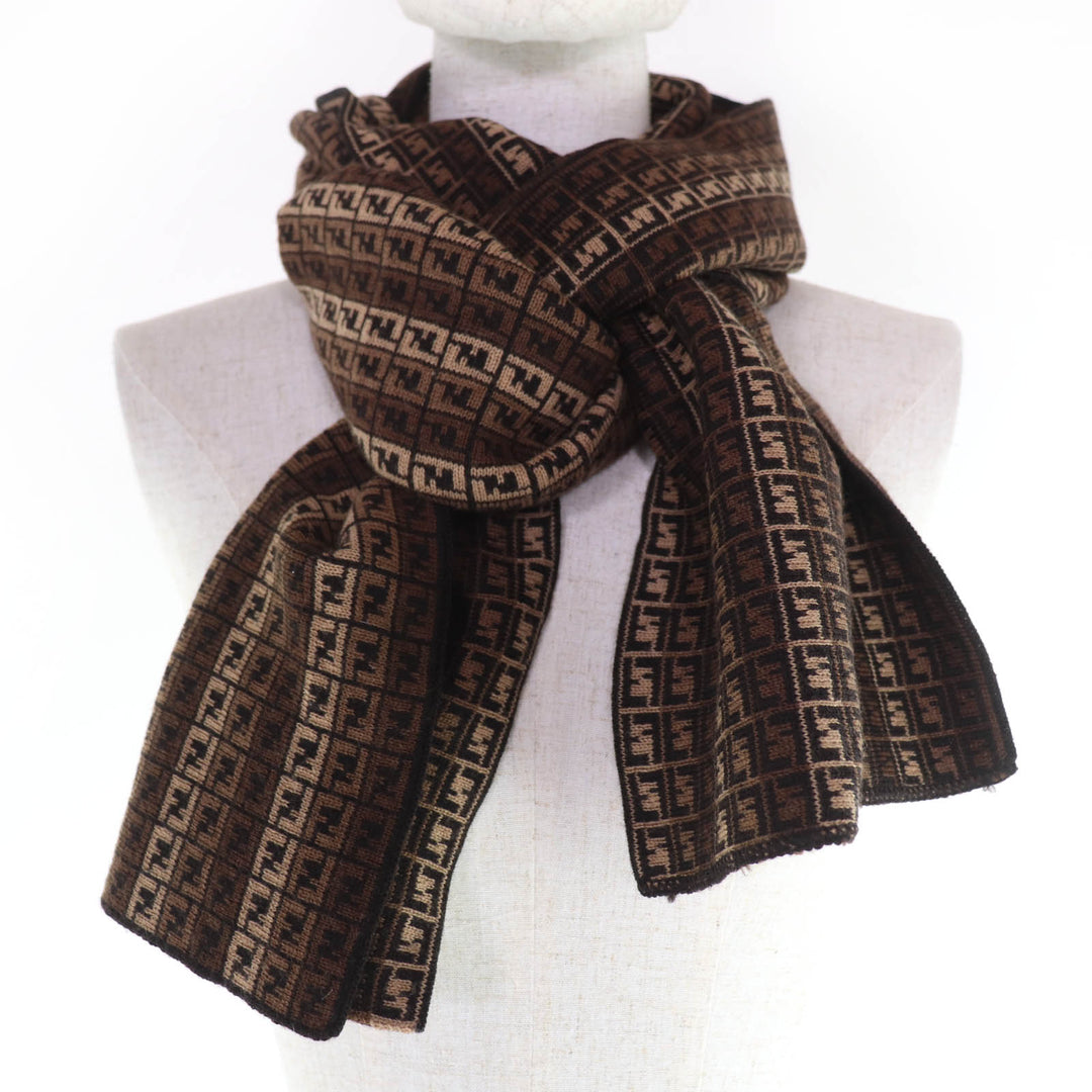 Great FENDI Scarf FF Logo Micro Zucca Pattern Knit Brown wool Women