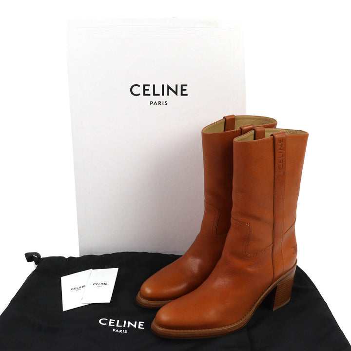 Excellent CELINE boots Triomphe logo leather boots, medium length Brown 38