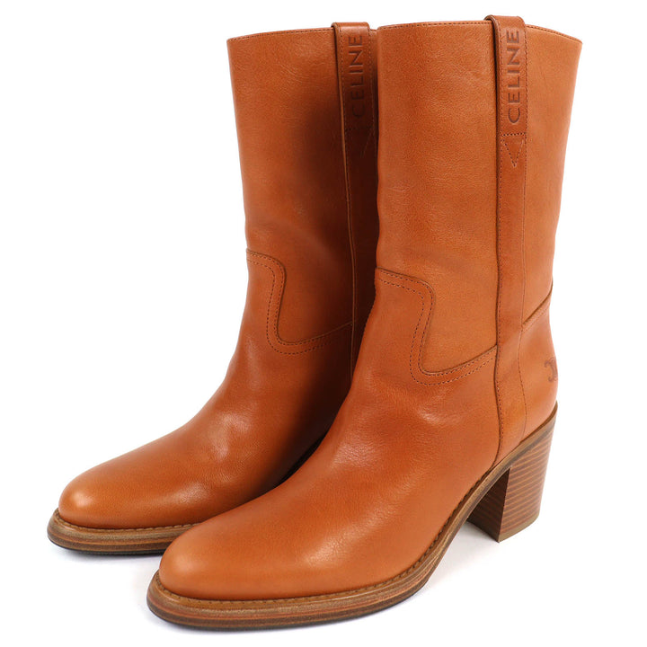 Excellent CELINE boots Triomphe logo leather boots, medium length Brown 38