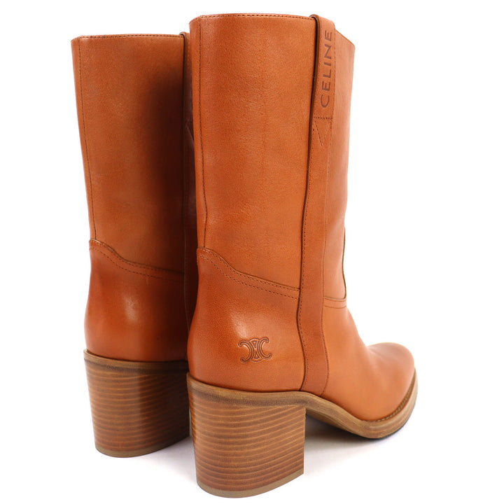 Excellent CELINE boots Triomphe logo leather boots, medium length Brown 38