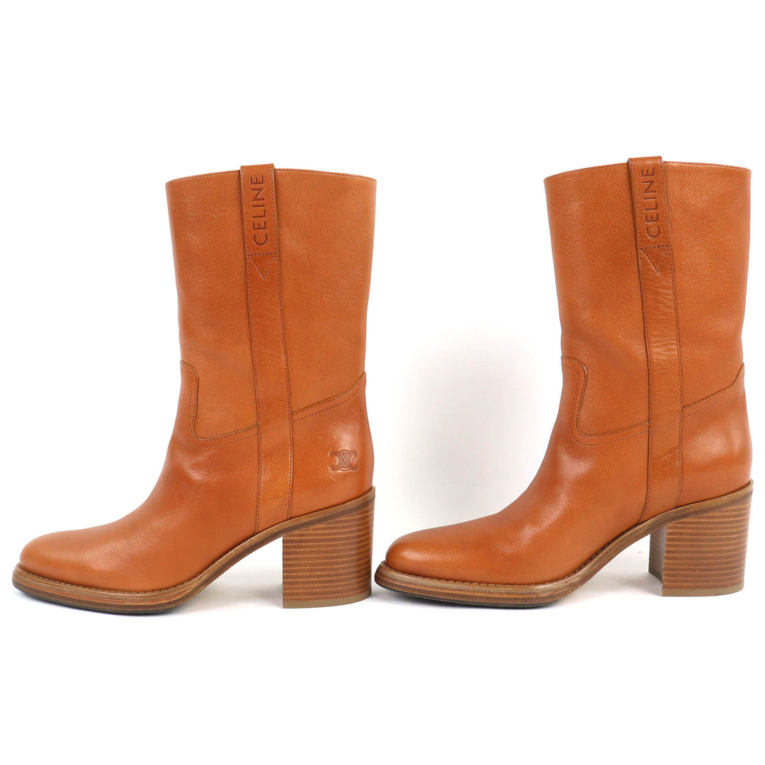 Excellent CELINE boots Triomphe logo leather boots, medium length Brown 38