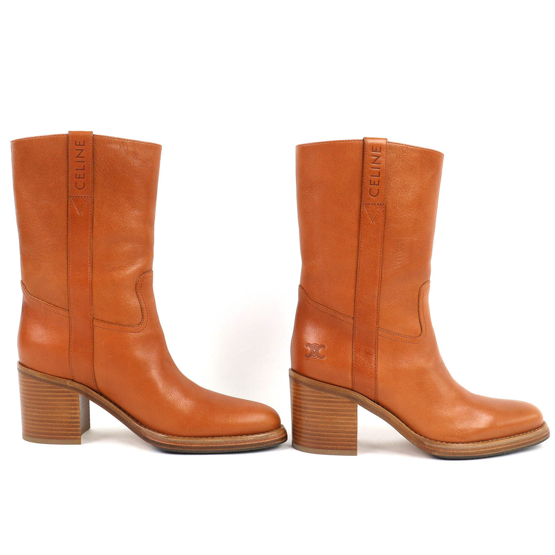 Excellent CELINE boots Triomphe logo leather boots, medium length Brown 38