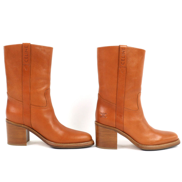 Excellent CELINE boots Triomphe logo leather boots, medium length Brown 38
